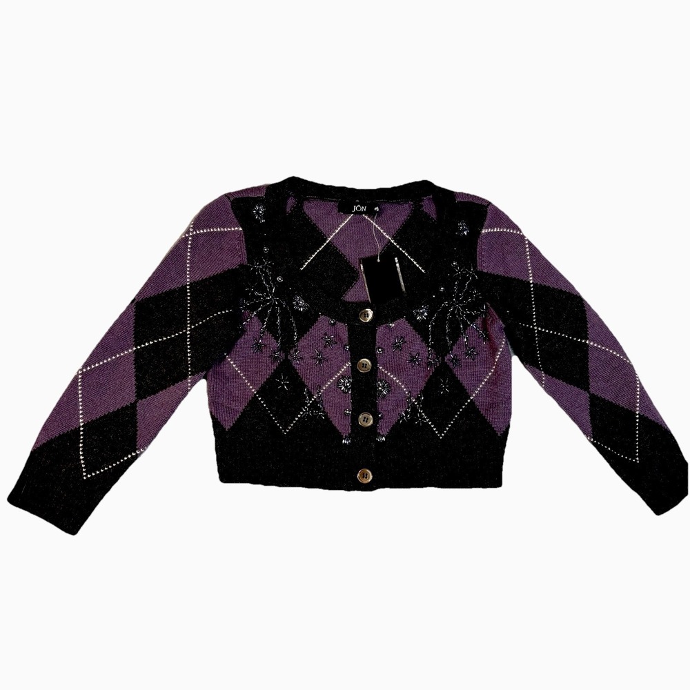 NWT Jon 100% Cashmere Purple Gray Argyle Cardigan Crop Medium‎ Preppy Collegiate